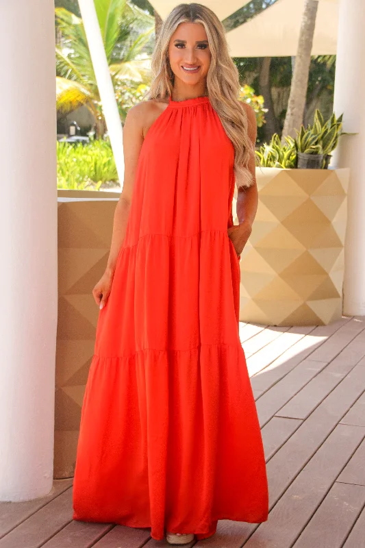 Make an Entrance Halter Maxi Dress: Tangerine Fashionable Open-Back Maxi Dress