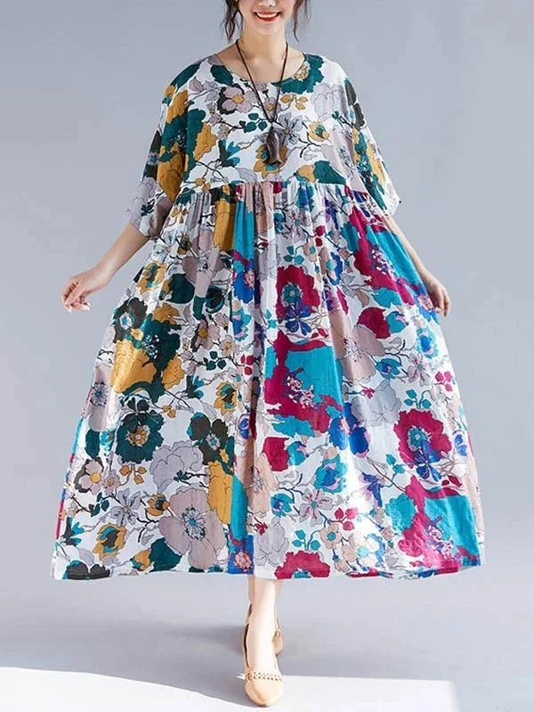 Natural floral cotton clothes Women o neck Cinched Maxi Dress Fashionable Faux Wrap Maxi Dress