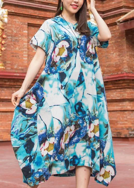Natural v neck asymmetric cotton quilting Outfits light blue print Maxi Dress summer Fashionable Open-Back Maxi Dress