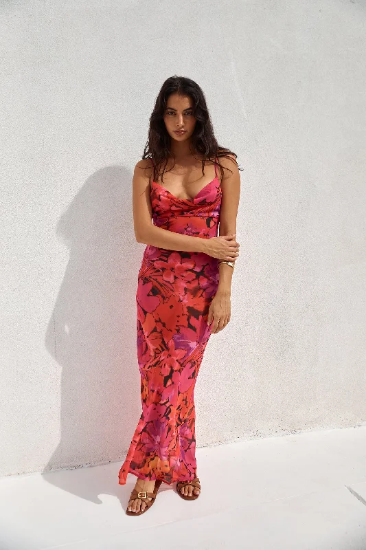 RUNAWAY THE LABEL Bad Romance Sheer Maxi Dress Pink Floral Chic Button-Up Maxi Dress