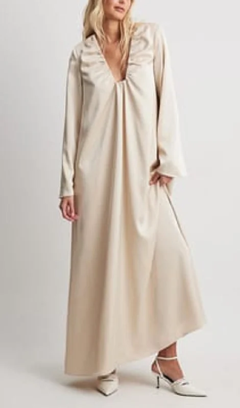 SATIN GATHERED NECKLINE MAXI DRESS Chic Button-Up Maxi Dress