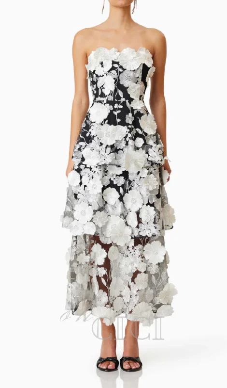 Selene 3D flower Tiered Maxi Dress In Black Trendy Button Front Maxi Dress
