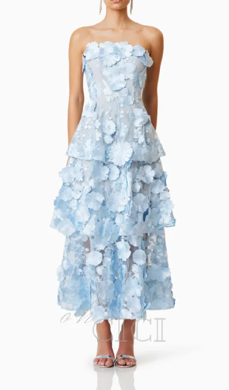 Selene 3D flower Tiered Maxi Dress In Blue Trendy A-Line Maxi Dress
