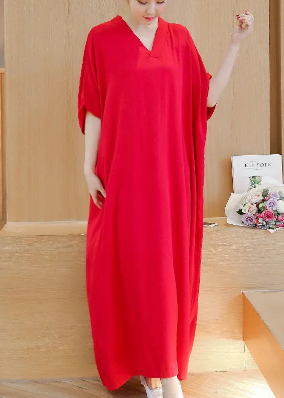 Simple v neck baggy cotton summer quilting dresses Runway rose Maxi Dress Stylish Long Sleeve Maxi Dress