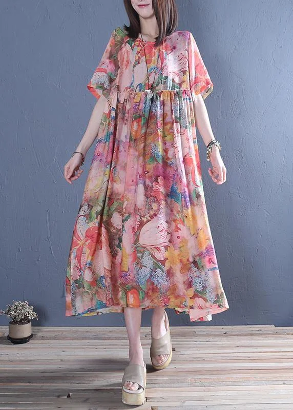 Style o neck Cinched cotton tunic dress Fashion pink print Maxi Dress Comfortable Maxi Dress with Sleeves