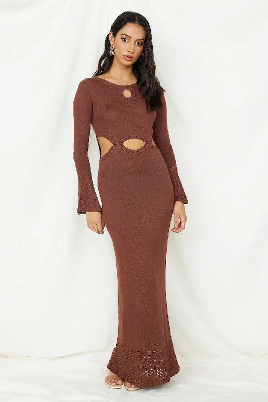 The One That Got Away Maxi Dress Brown Elegant Maxi Dress with Drapes
