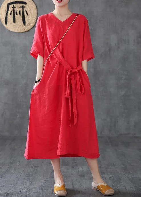 Unique red linen clothes v neck Maxi Dress Comfortable Long-Sleeve Maxi Dress