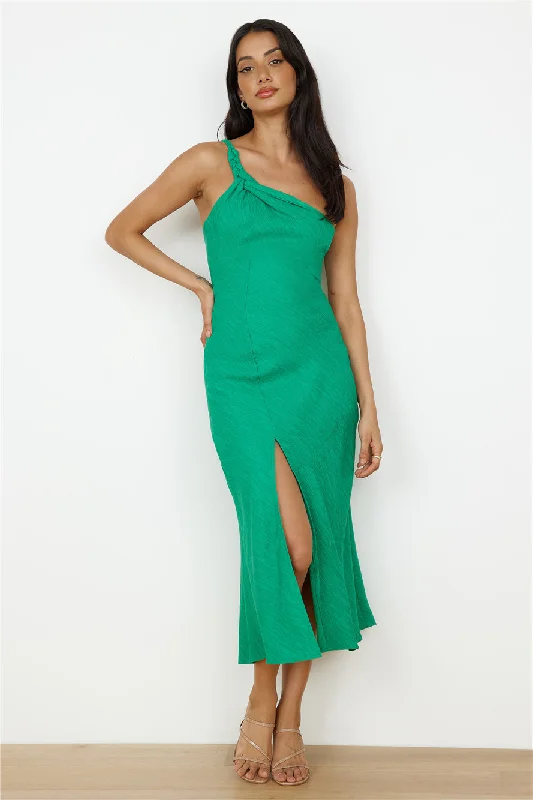 Wrinkle In Time One Shoulder Maxi Dress Green Fashionable Off-Shoulder Maxi Dress