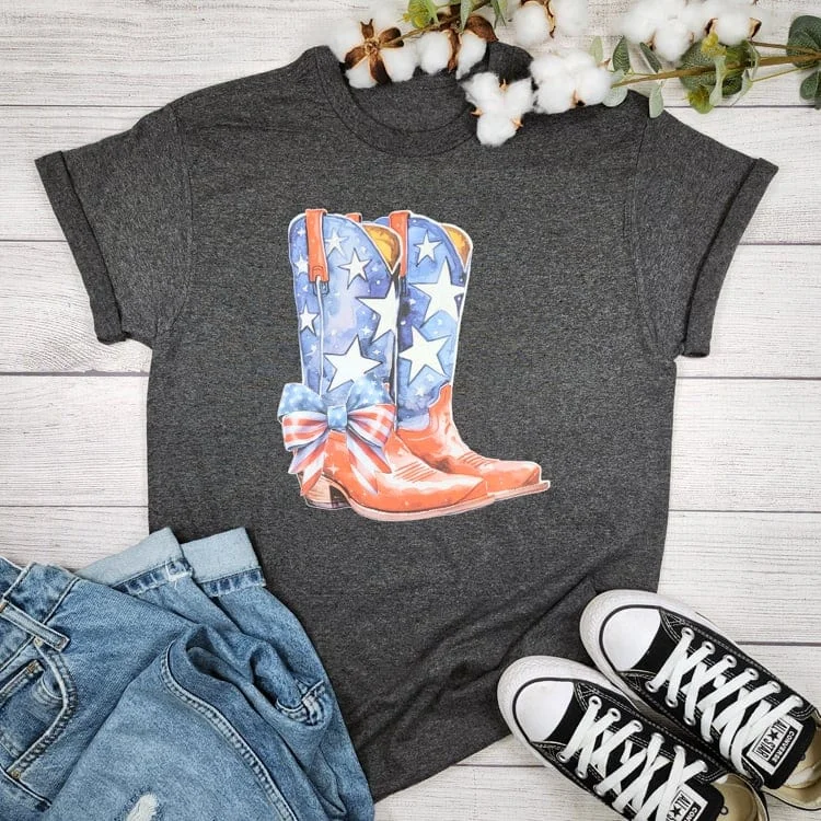 4th Of July Boots And Bows T-shirt Basic T-Shirt Crew Neck Short Sleeve