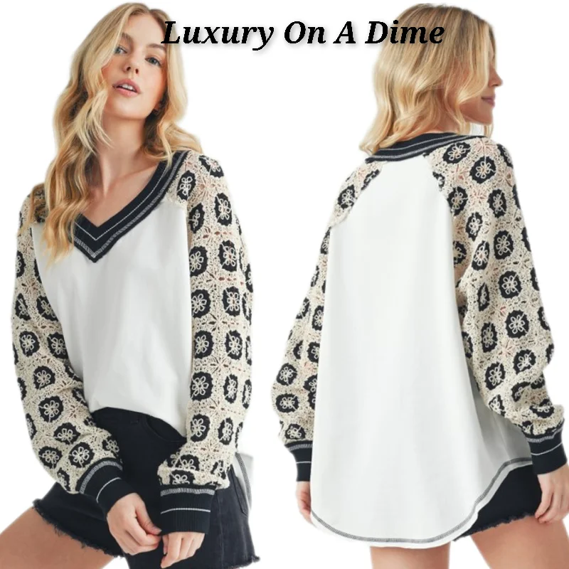Amei+Co Crochet Long Sleeve Granny Open Knit V-neck Top Contrast Pullover Shirt Collared Crew Neck Turtle Neck Amei+Co Crochet Long Sleeve Granny Open Knit V-neck Top Contrast Pullover Shirt Collared Crew Neck Turtle Neck