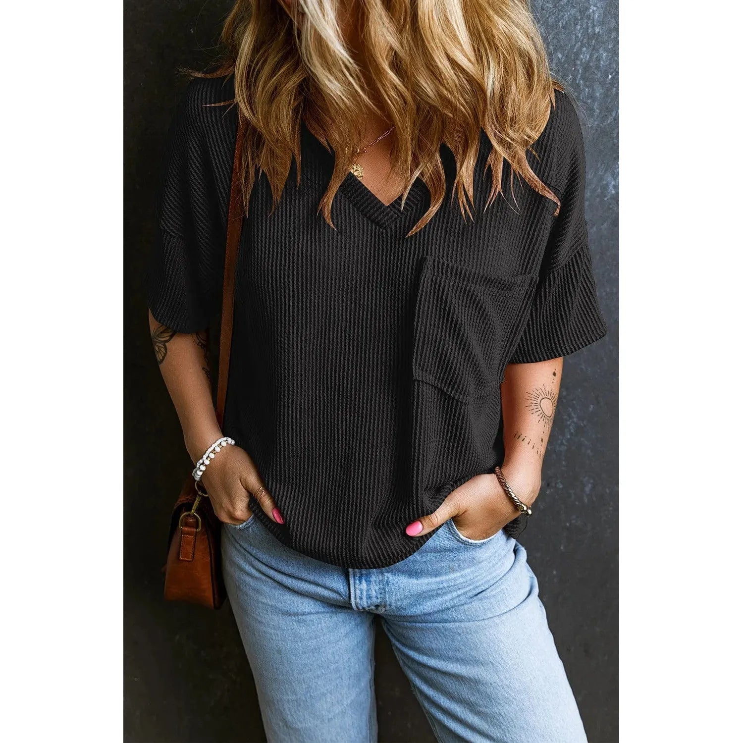 Black Corded V Neck Chest Pocket Loose T-shirt Solid Print Embellished