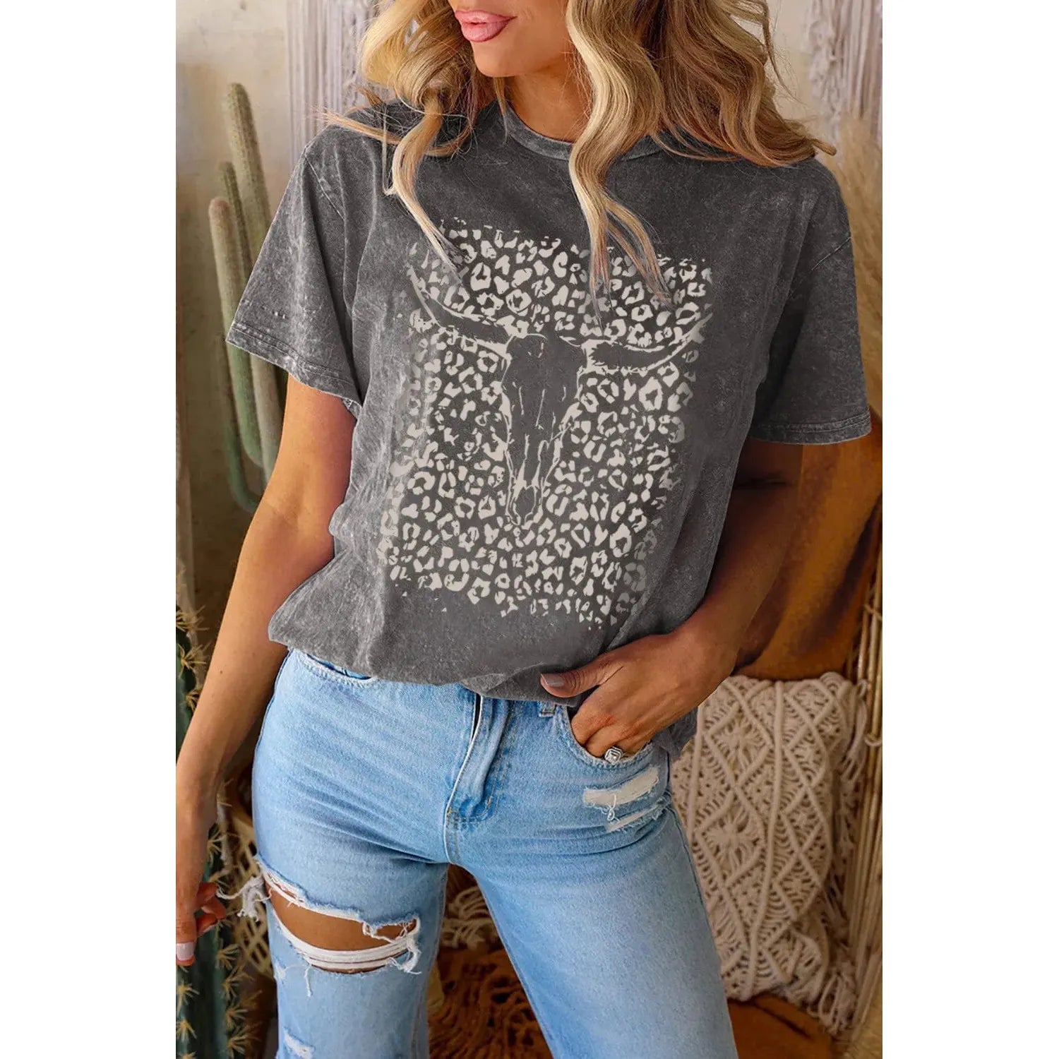 Black Leopard Skull Graphic Print Short Sleeve T Shirt Hooded Caped Shawl Collar