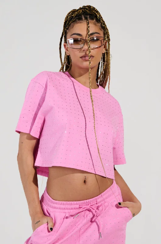 BLOSSOM RHINESTONE EMBELLISHED CROPPED T-SHIRT IN PINK Solid Print Embellished