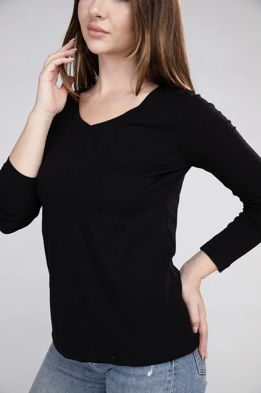 Cotton V-Neck Long Sleeve T-Shirt Layered Multi-layer Single Layer