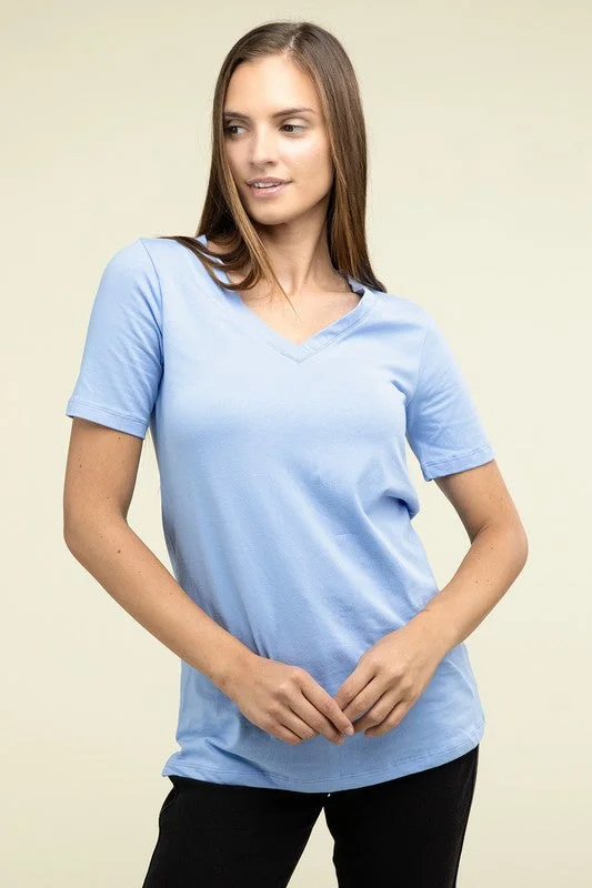 Cotton V-Neck Short Sleeve T-Shirts Solid Color Striped Floral