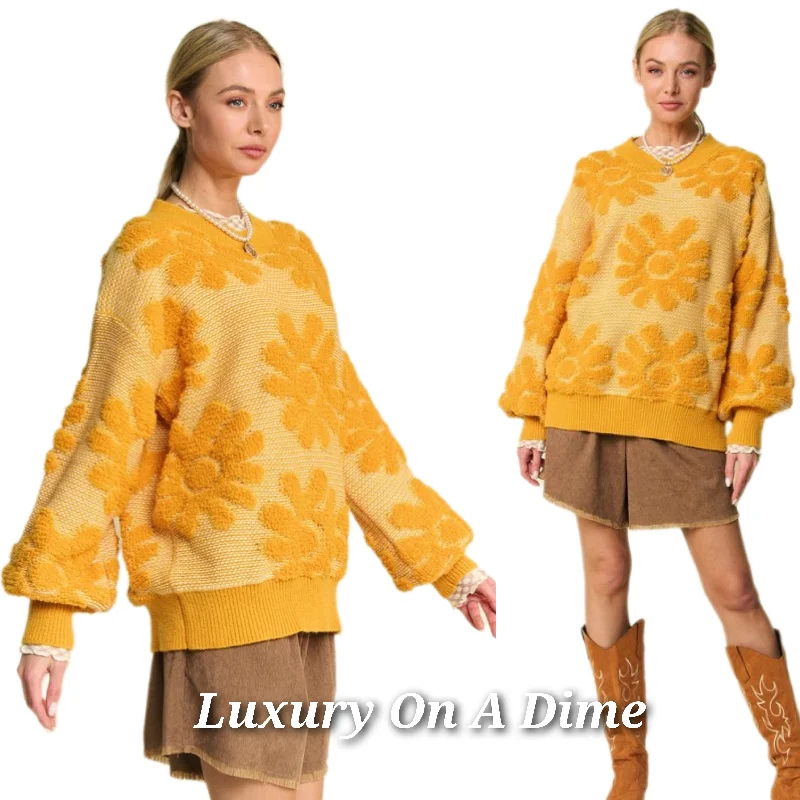 DAVI & DANI French Terry Daisy Knit Long Sleeve Shirt Oversized Retro Pullover Top Striped Floral Plaid DAVI & DANI French Terry Daisy Knit Long Sleeve Shirt Oversized Retro Pullover Top Striped Floral Plaid
