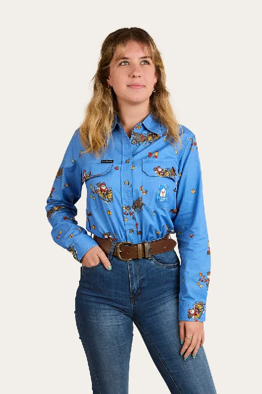 Limited Edition Womens Full Button Work Shirt - Xmas - Blue Hooded Caped Shawl Collar