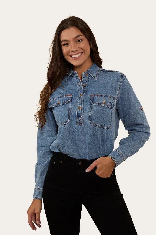 Melody Womens Denim Half Button Dress Shirt - Vintage Light Blue Notch Collar Peter Pan Collar Cowl Neck