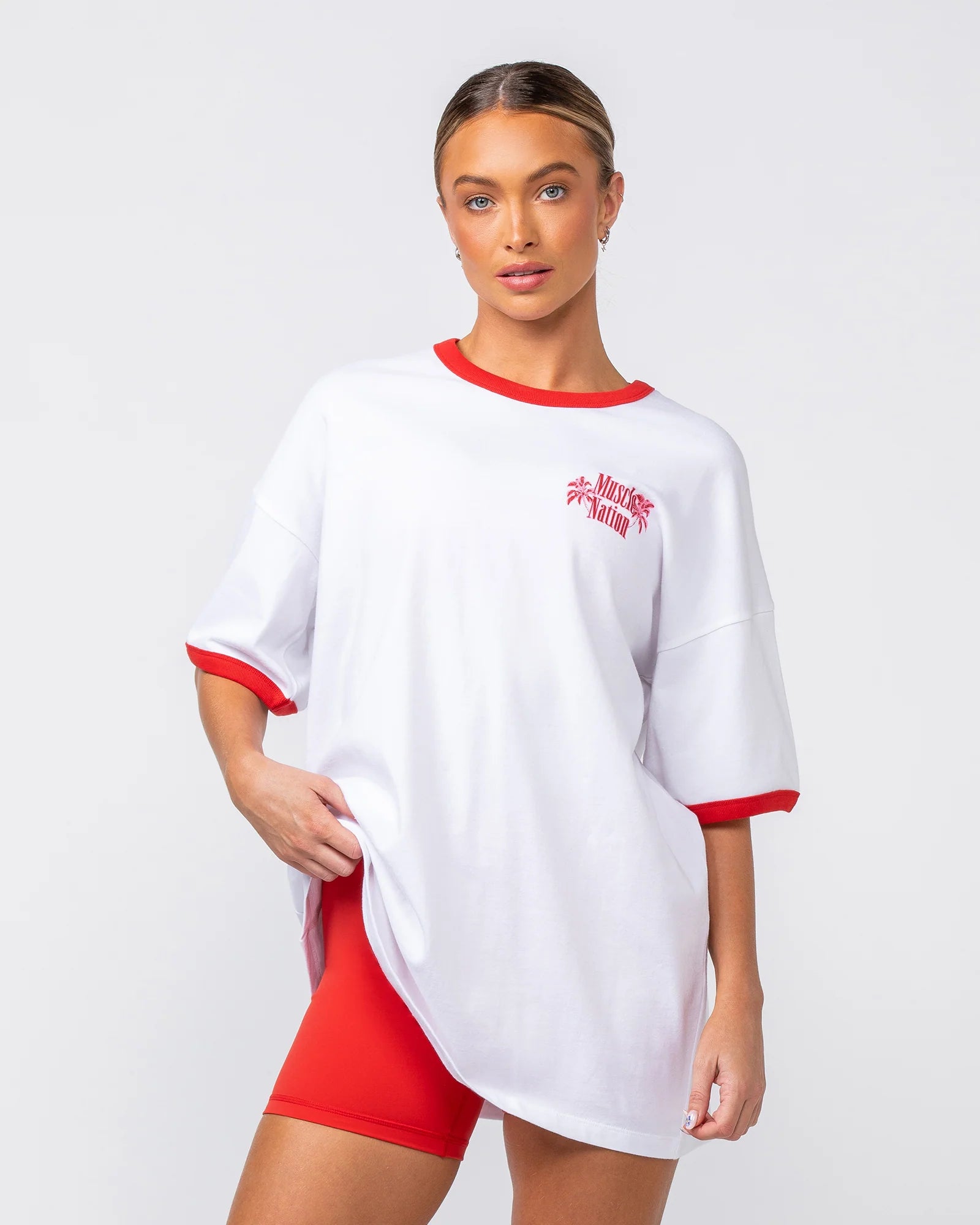 Muscle Nation | Coast Oversized Tee - White Houndstooth Herringbone Solid