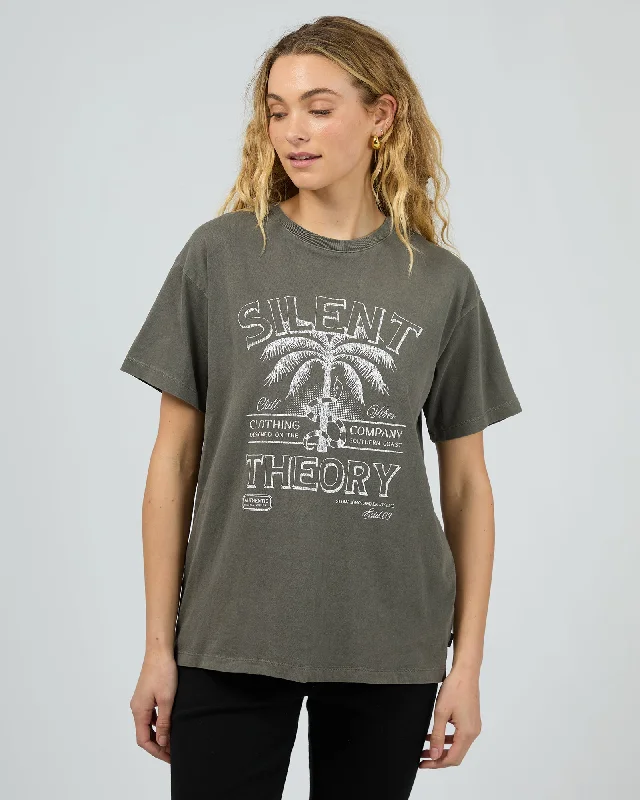 Palm Chill Tee Charcoal Asymmetrical Pockets Print