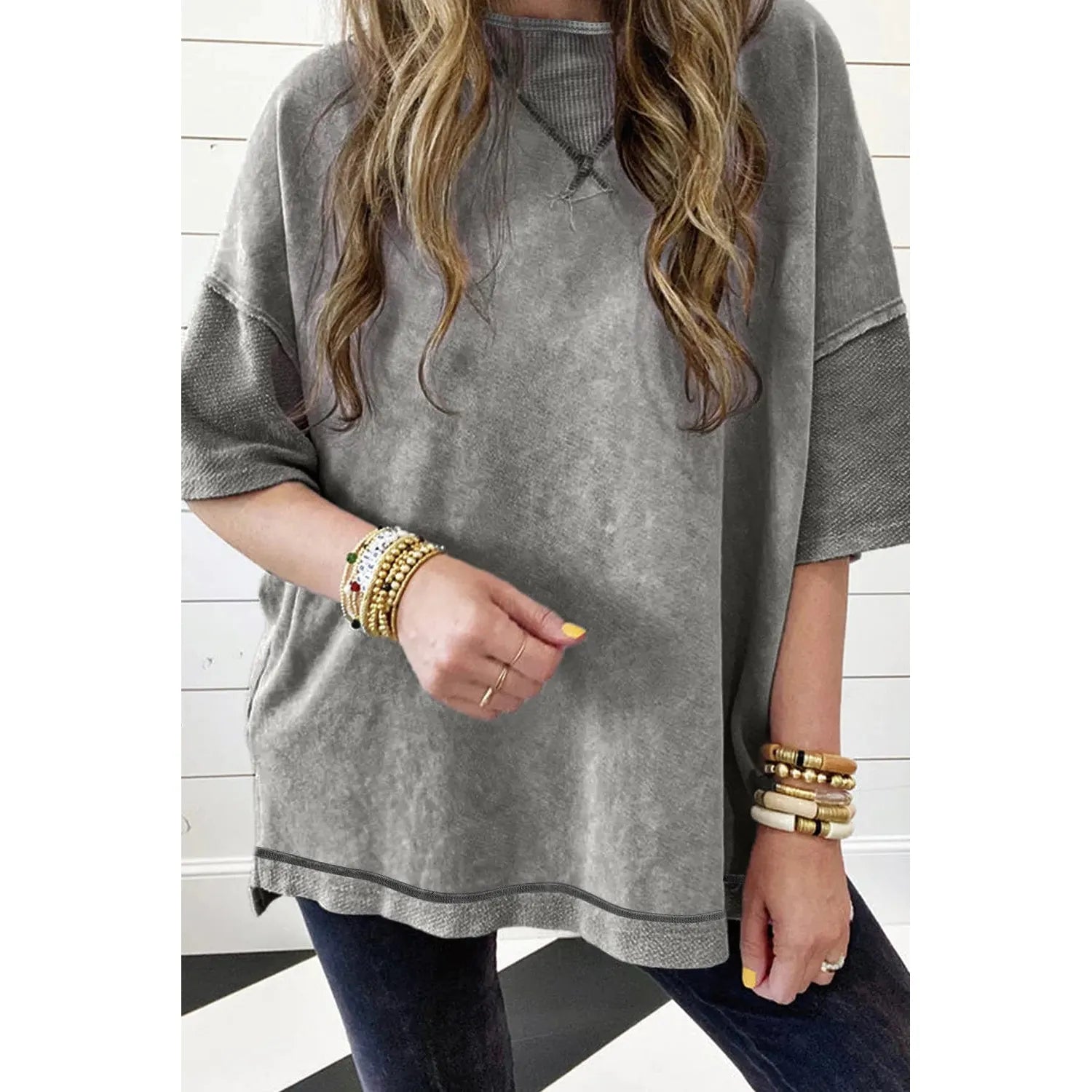 Philippine Gray Mineral Wash Exposed Seam Drop Shoulder Oversized Tee Print Jacquard Patchwork