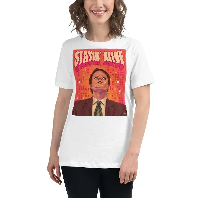 Stayin Alive Women's Relaxed T-Shirt Welt Pockets Slit Pockets Flap Pockets
