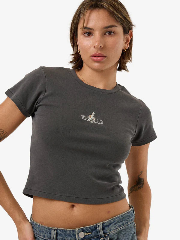 THRILLS IN BLOOM MINI TEE MERCH BLACK Embroidered Appliqued Beaded