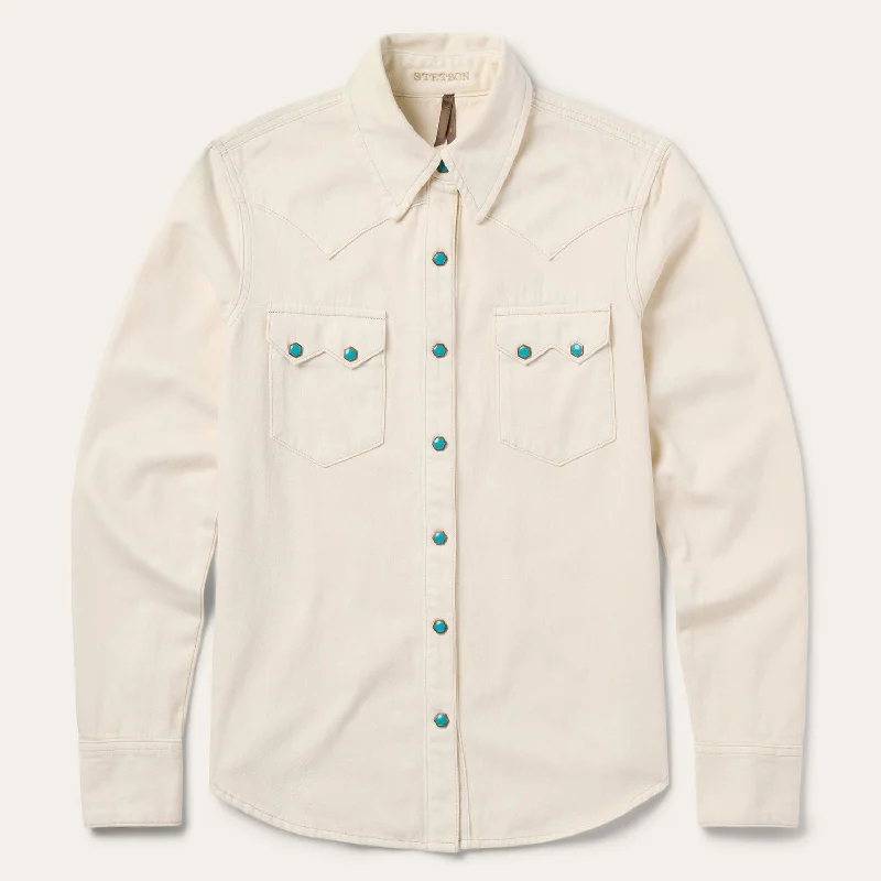 Turquoise Snap Western Denim Shirt V-Neck T-Shirt Long Sleeve Cotton