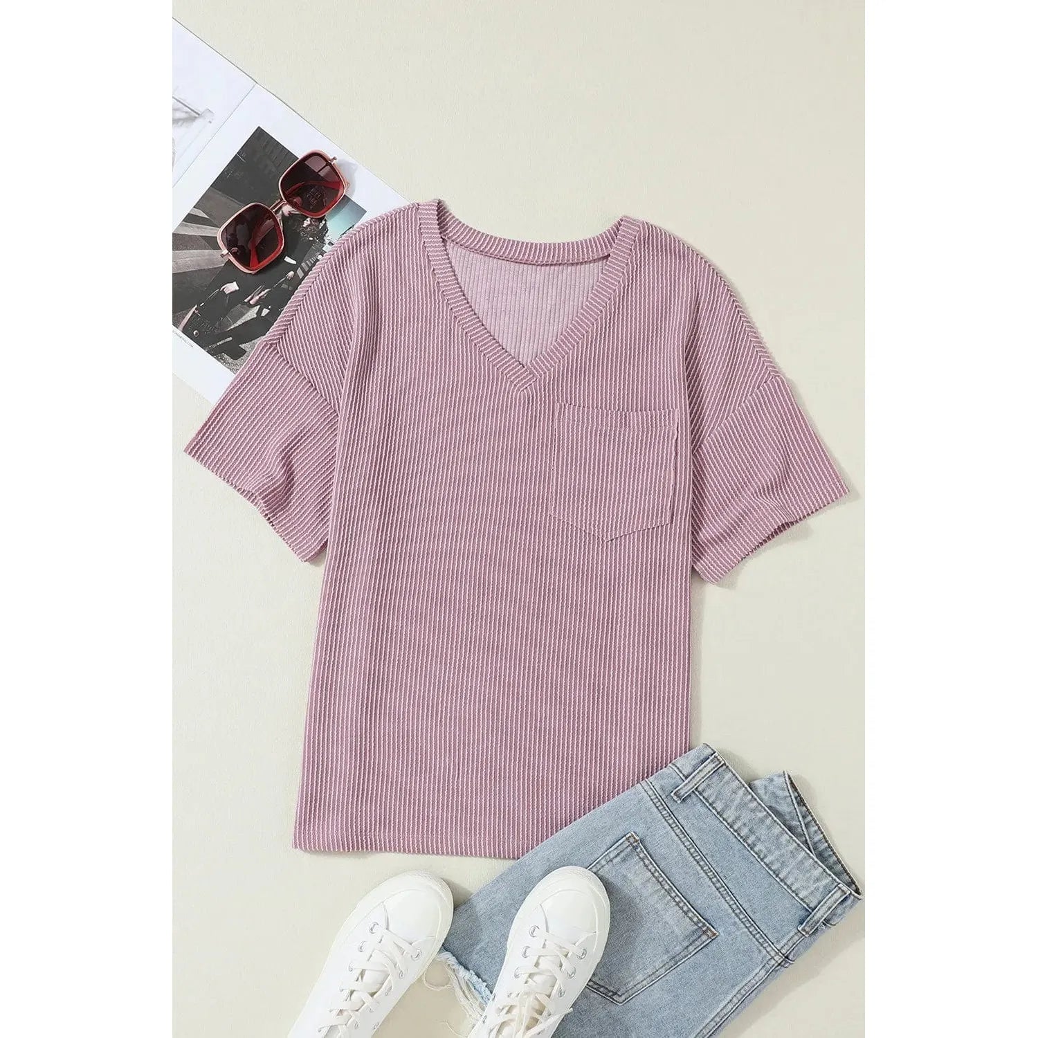 Valerian Corded V Neck Chest Pocket Loose T-shirt Striped Floral Plaid