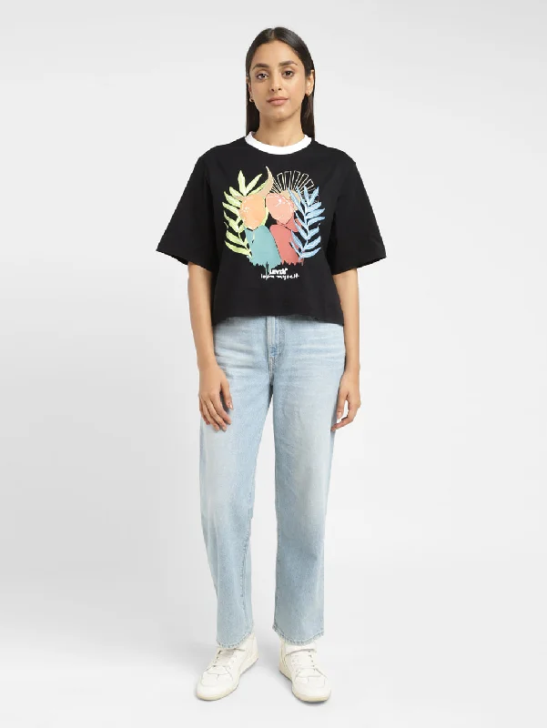 Women's Graphic Print Boxy T-Shirt Real Fur Shearling Chenille