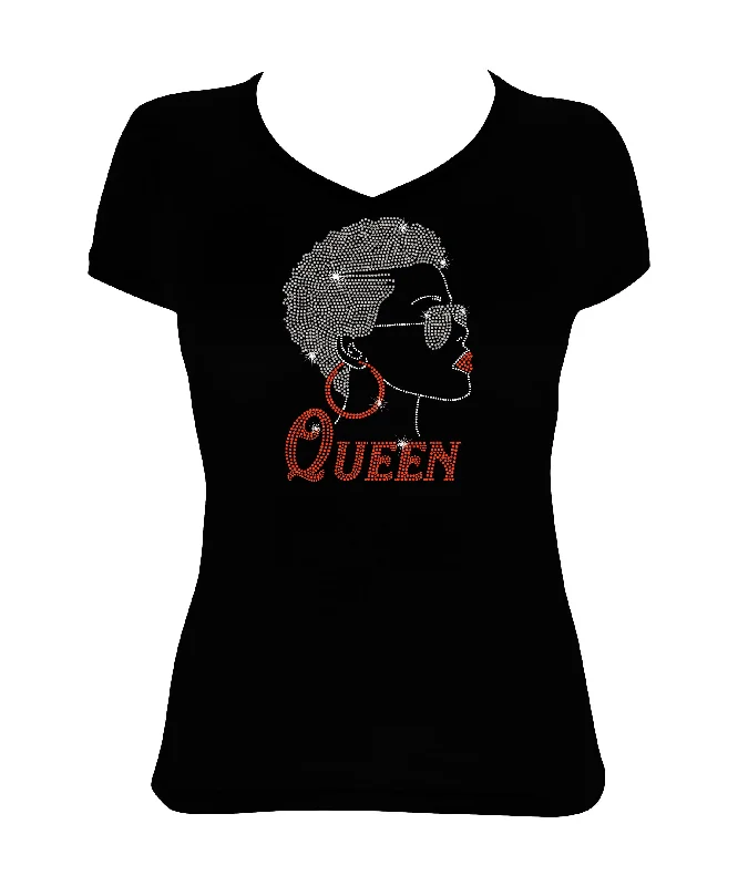 Women's Rhinestone Fitted Tight Snug Shirt Afro Girl with Short Hair and Glasses - Hoop Earrings, Queen Collared Crew Neck Turtle Neck