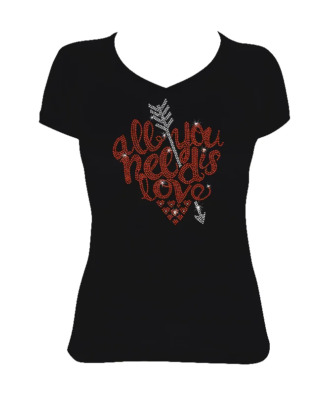 Women's Rhinestone Fitted Tight Snug Shirt All You Need is Love - Heart with Arrow, Valentines Shirt Chenille Brocade Lace Women's Rhinestone Fitted Tight Snug Shirt All You Need is Love - Heart with Arrow, Valentines Shirt Chenille Brocade Lace