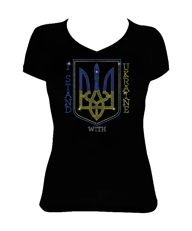 Women's Rhinestone Fitted Tight Snug Shirt I Stand with Ukraine - Trident, Support for Ukraine Elasticated Padded Insulated