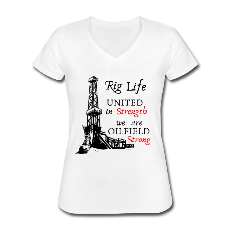 Women's We Are Oilfield Strong V-Neck T-Shirt Mesh Blend Leather Blend Suede Blend