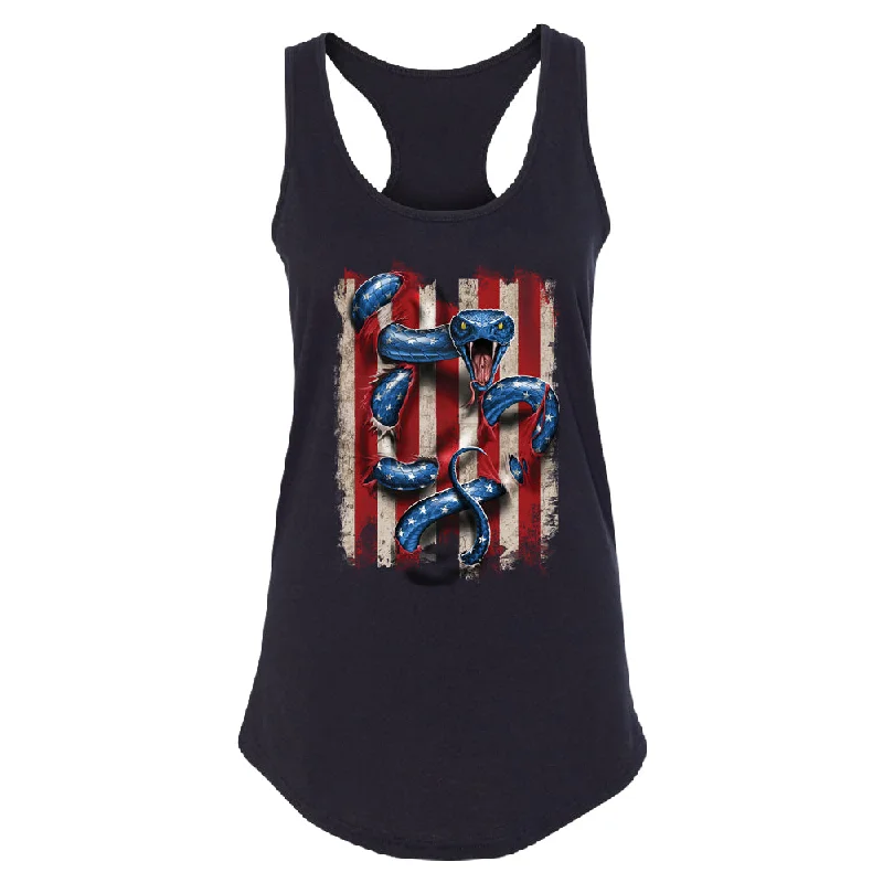 Zexpa Apparelâ„¢ Patriotic American Serpent Snake Women's Racerback 4th of July USA Shirt Welt Pockets Slit Pockets Flap Pockets