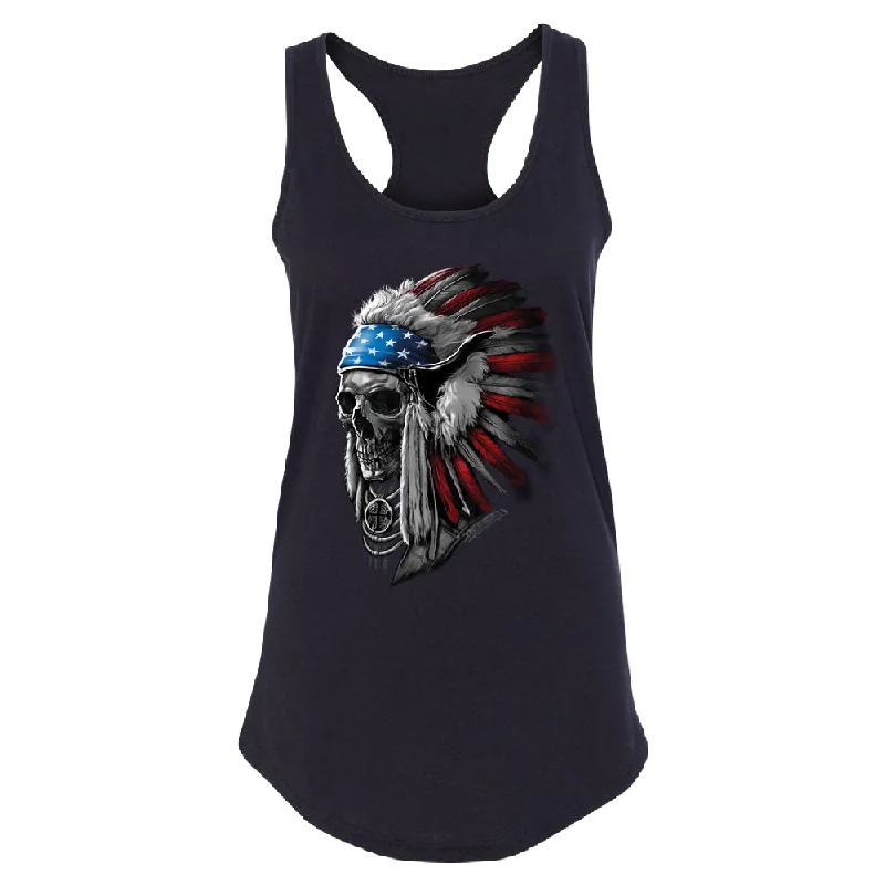 Zexpa Apparelâ„¢ Patriotic Headdress Chief Skull Women's Racerback 4th of July USA Flag Shirt Solid Color Striped Floral