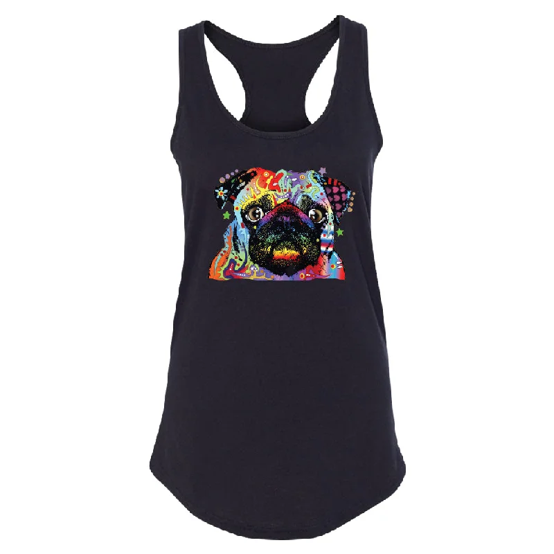 Zexpa Apparelâ„¢ Official Dean Russo Colorful Pug Women's Racerback Neon Cute Dog Shirt Anti-Shrink Durable Soft