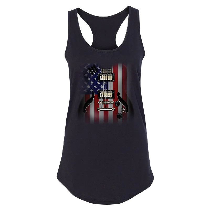Zexpa Apparelâ„¢ Patriotic American Flag Guitar Women's Racerback 4th of July USA Shirt Mesh Blend Leather Blend Suede Blend