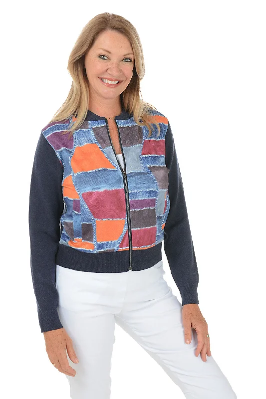 Patchwork Zip Front Sweater Jacket Herringbone Jacket Houndstooth Jacket Plaid Jacket
