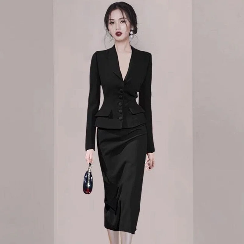 2023 Woman Spring Autumn OL Suits Female Long Sleeve Blazer Jackets + Midi Slim Package Hip Skirts Ladies 2 Piece Sets J56 Print Jacket Jacquard Jacket Patchwork Jacket