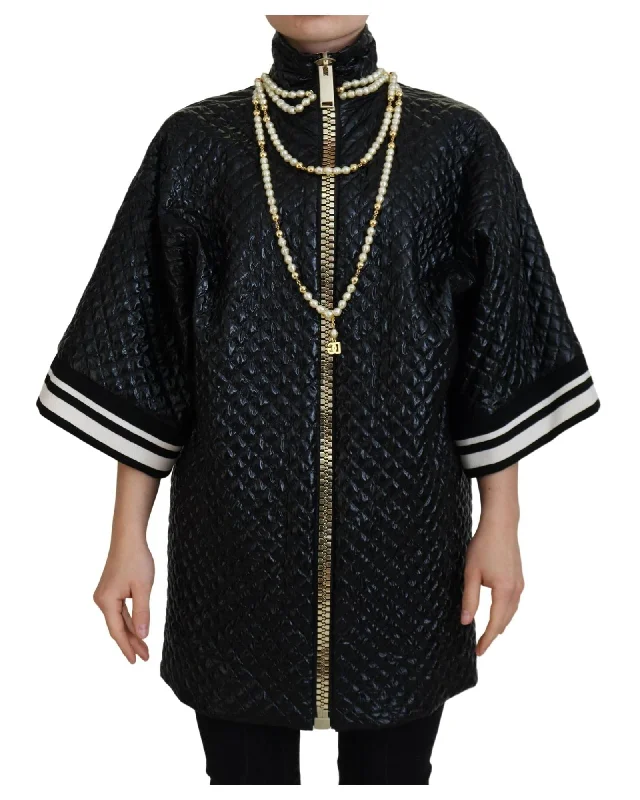 Dolce & Gabbana Women's Black Quilted Leather Jacket Appliqued Jacket Beaded Jacket Sequined Jacket