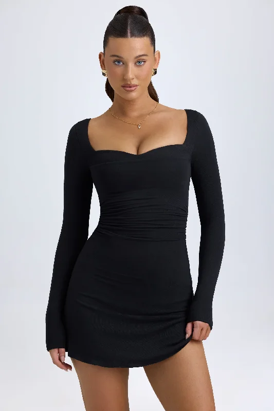 Modal Layered A-Line Mini Dress in Black Elegant Mini Dress with Pleats