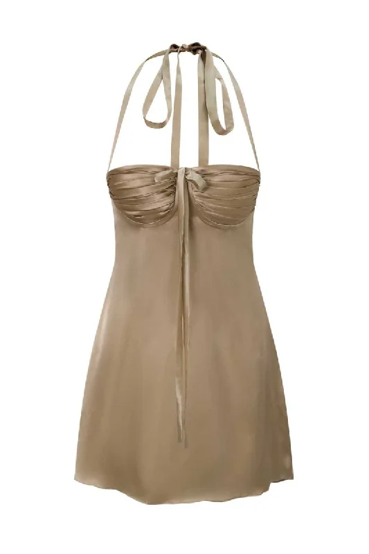 ANGELINA MINI DRESS IN CHINCHILLA GOLD SILK Stylish Ruffle Mini Dress