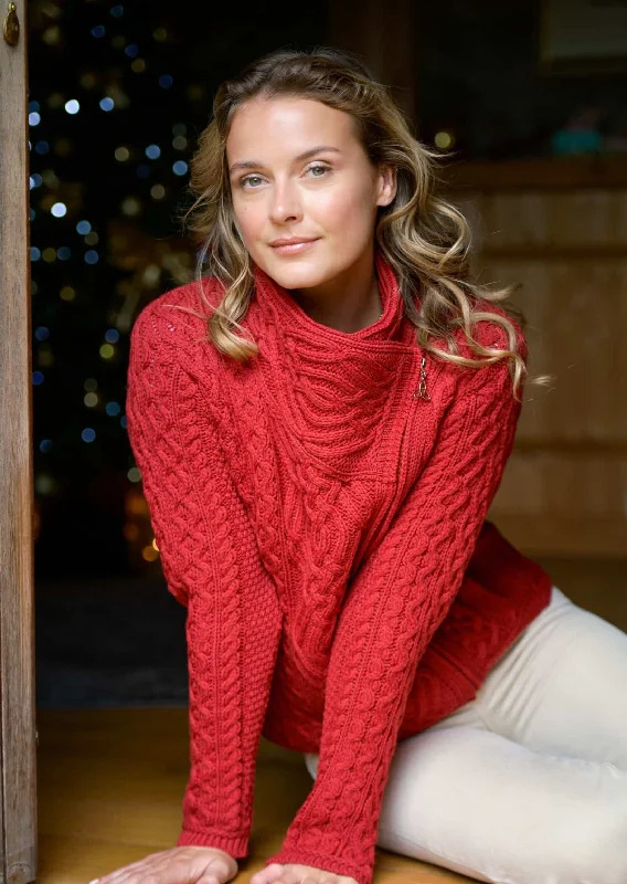 Aran Cable Knit Side Zip Jacket | Red Toggled Jacket Drawstring Jacket Belted Jacket