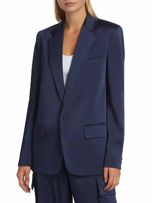 Axel Satin Jacket In Evening Blue Zip Front Button Front Snap Front
