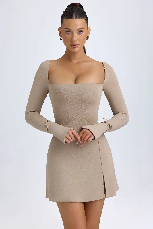 Modal Square-Neck A-Line Mini Dress in Taupe Elegant Lace-Up Mini Dress