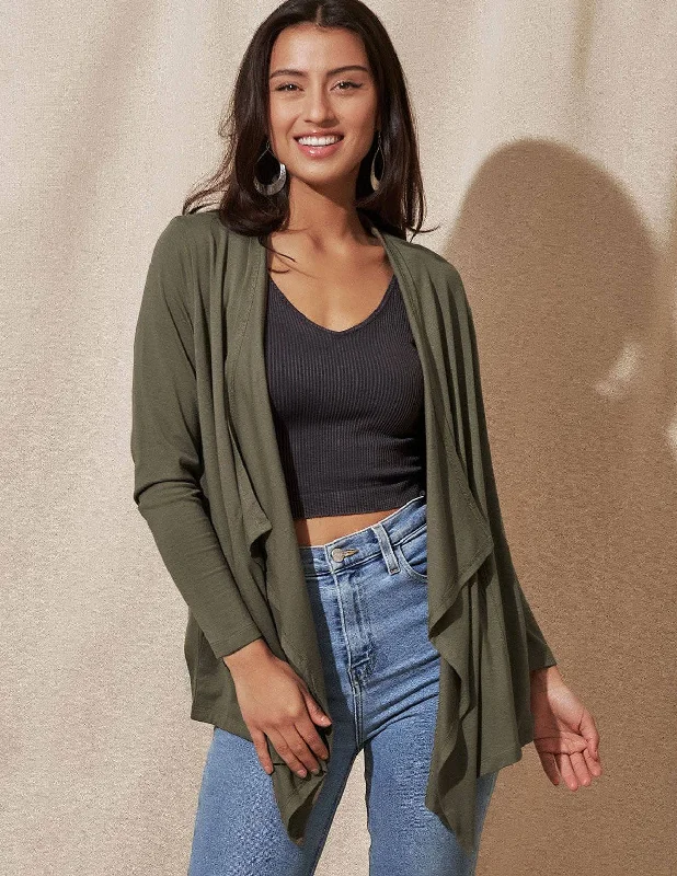 Bamboo / Organic Cotton Wrap Jacket - Dusty Olive Denim Jacket Leather Jacket Suede Jacket