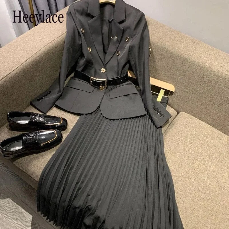 Black Blazer With Belt + Midi Pleated Skirt Women 2 Piece Set Autumn Office Vintage Lady Long Sleeve Suit Jacket Chic Skirt Suit Hooded Jacket Caped Jacket Shawl Collar Jacket