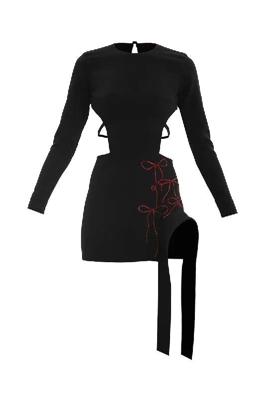 BLACK CRYSTAL BOW MINI DRESS Comfortable One-Shoulder Mini Dress