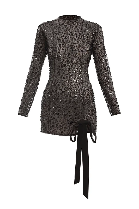 BLACK FLOWER EMBROIDERED MINI DRESS Casual Button-Up Mini Dress